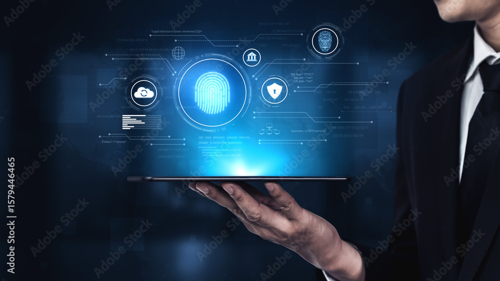 Poster biometric identity system using fingerprint and facial recognition to secure cloud access, protect s