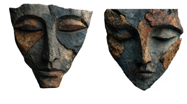Two ancient stone carved faces with closed eyes, isolated on a transparent background