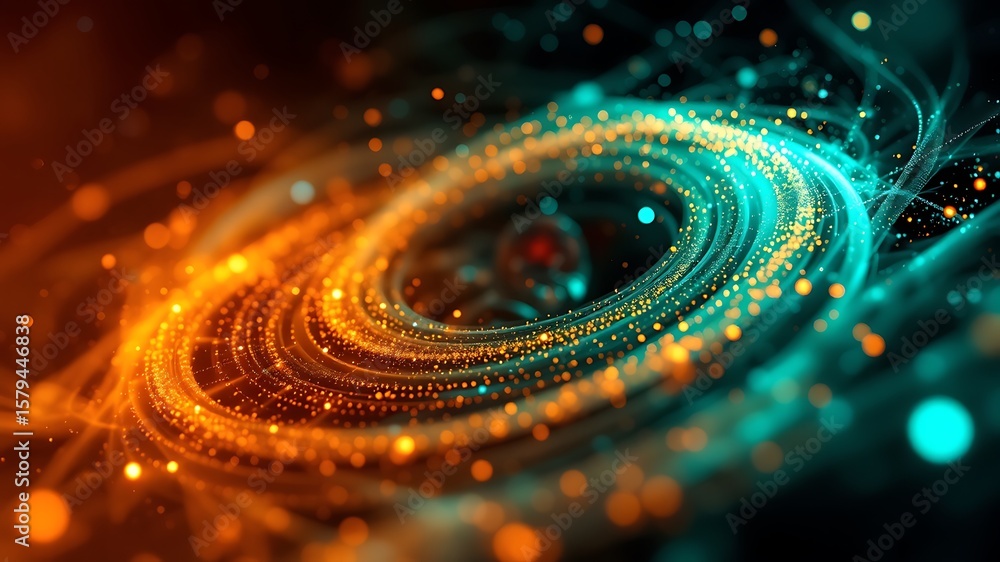 Poster mesmerizing abstract swirl of glowing orange and teal particles creating a vortex of light and energ