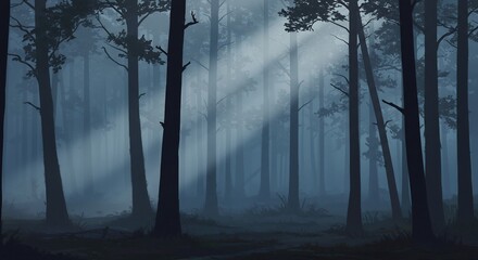 Obraz premium Ethereal Forest: Misty Woods with Sunbeams, Dark Silhouettes, and Atmospheric Depth