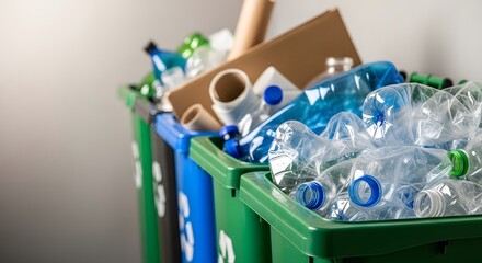 Overflowing recycling bins display collected plastic bottles and cardboard, showcasing waste management and environmental responsibility.