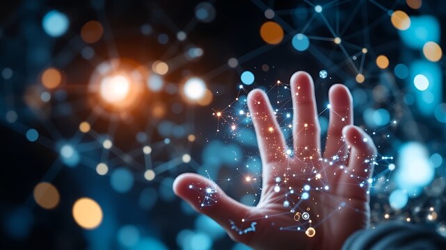 Human hand interacting with a glowing digital network of interconnected nodes and lines against a dark bokeh filled background