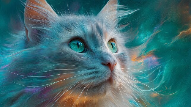 Beautiful white cat with green eyes portrait digital art feline wallpaper