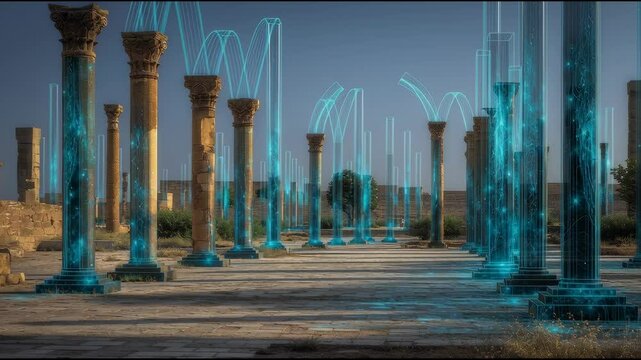 magine Vue actuelle de la Tour Hassan &agrave; Rabat, Maroc, entour&eacute;e des colonnes inachev&eacute;es de la mosqu&eacute;e Almohade. Des lignes bleu turquoise, fluides et lumineuses, s'&eacute;l&egrave;vent au-dessus des colonnes tronqu