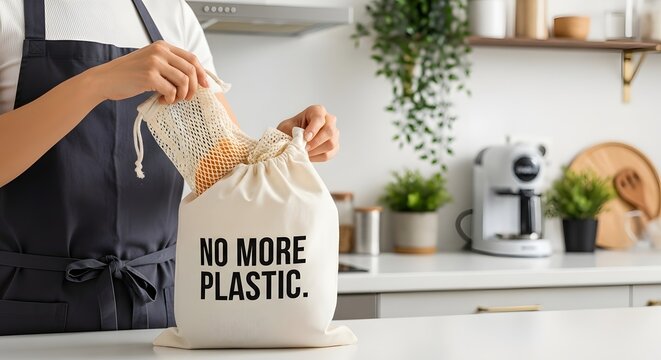 A person fills a reusable cotton bag with mesh bags in the kitchen, a visual statement against single use plastic and advocating for zero waste lifestyle.