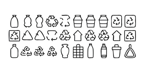 Mega Set of Plastic Recycling Line Icons on transparent background
