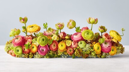 A long, rectangular glass planter is filled with spring flowers
