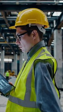 Construction worker wearing yellow hard hat and reflective vest, is using digital tablet to check plans in industrial site, surrounded by machinery and equipment, showcasing modern construction techno