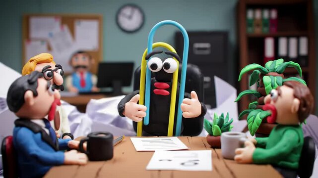 Claymation Office Meeting: Paperclip's Stressful Day at Work
