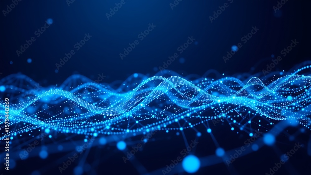Aufkleber abstract digital network of glowing blue particles connected by lines forming undulating waves again