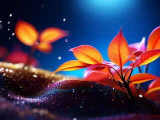 red and blue background with leaves