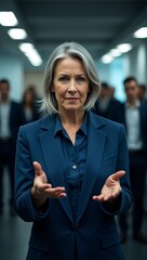 Woman in blue suit with gray hair gesturing with hands in office image