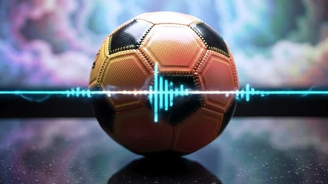 Soccer ball, sound wave, dark background, neon light, sports - Powered by Adobe