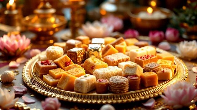 Elegant display of Indian sweets on a golden tray surrounded by lotus flowers and candles creating a warm and inviting atmosphere perfect for festive occasions