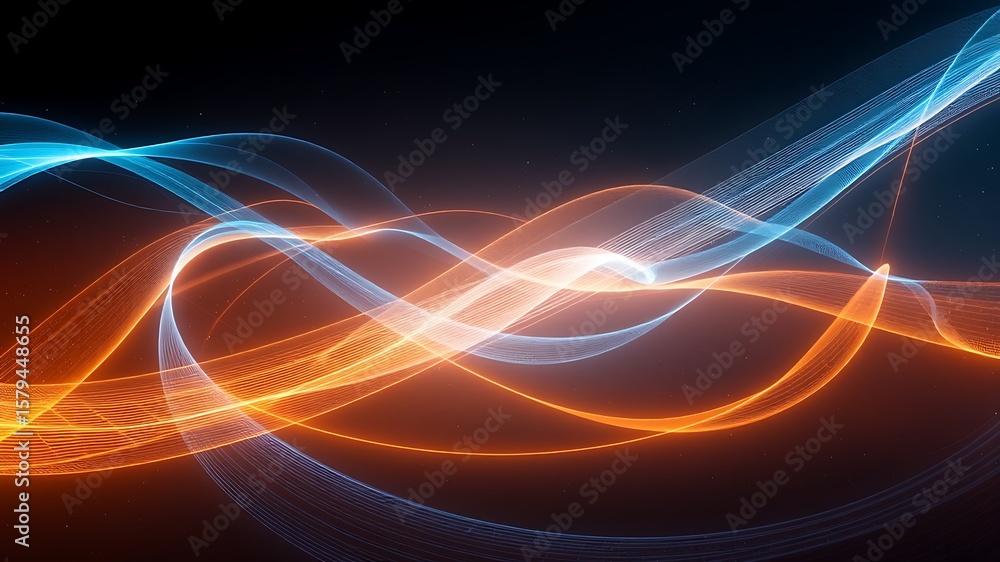 Poster abstract waves of glowing blue and orange light flow across a dark background with subtle star like 