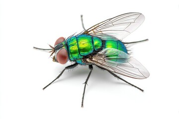 New World screwworm fly, showcasing vibrant green body and intricate wing structure, perched on a surface, highlighting its unique features and ecological significance