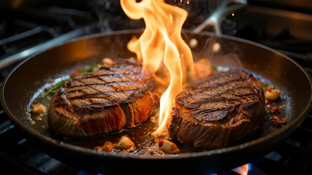 Steaks are sizzling in a hot pan on the stovetop, with flames rising dramatically. Chefs are busy preparing a delicious meal in a bustling restaurant kitchen