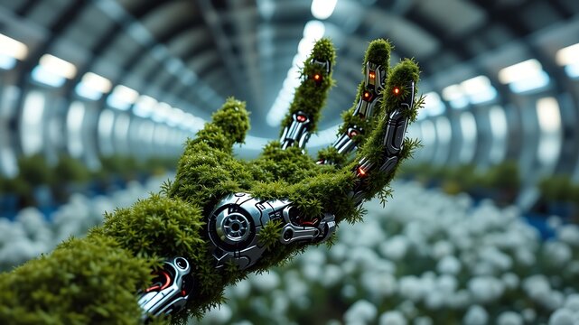 A mechanical robot hand covered in lush green moss and glowing red lights reaches out within a futuristic greenhouse