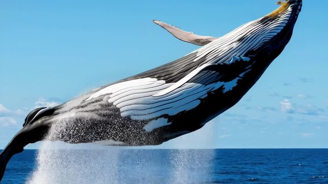 A majestic humpback whale leaps from the water, showcasing its impressive size and strength against a clear blue sky