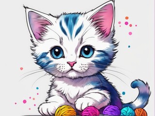 Obraz premium watercolor cat with colorful balls on blue background, hand drawn illustration