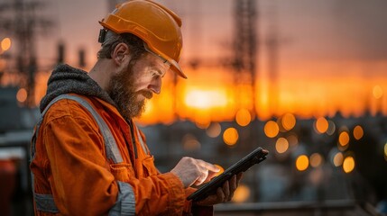 Worker in orange uniform, sunset backdrop, using tablet
