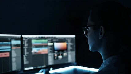 Individual wearing glasses is focused on dual computer monitors displaying audio editing software in a dark room, highlighting the creative process of sound design and digital production techniques