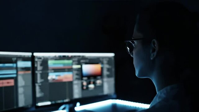 Individual wearing glasses is focused on dual computer monitors displaying audio editing software in a dark room, highlighting the creative process of sound design and digital production techniques