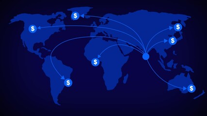 Global currencies exchange on abstract digital world map background. Stock market investment and trading concept. Transfer money technology and CBDC payments worldwide. - Powered by Adobe