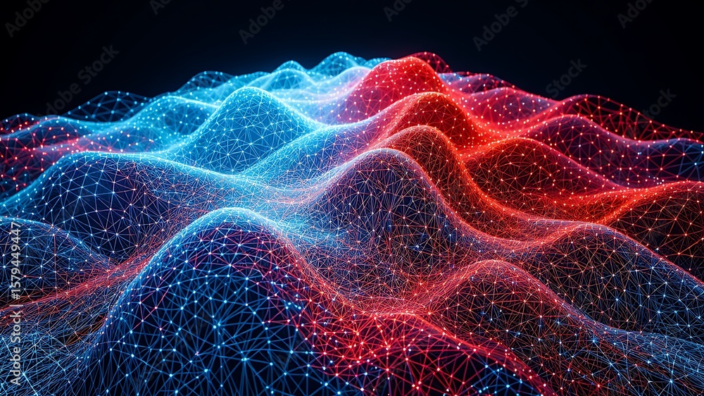Aufkleber abstract digital landscape with glowing interconnected nodes forming a dynamic mesh of blue and red