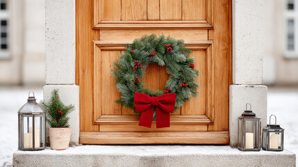 Festive christmas door with pine wreath and red bow for holiday decoration