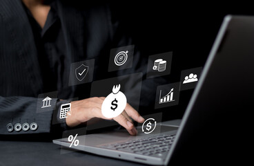 finance and investment concept, invest money, fundraising, ROI return on investment, Interest rate and dividend concept, Businessman is calculating income and return on investment in percentage.
