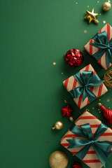 Festive holiday vertical gifts in striped wrapping, adorned with bows, surrounded by ornaments and stars