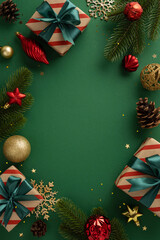 Vertical composition featuring Christmas-themed decorations including wrapped gifts, ornaments, and...