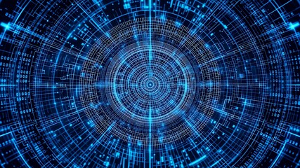Fototapeta premium Abstract digital network with glowing blue lines and binary code creating a futuristic technological tunnel effect