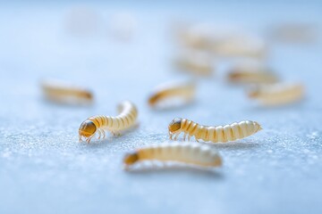New World screwworm fly larvae crawling on a smooth surface, showcasing their elongated bodies and distinct coloration, highlighting their role in the ecosystem and potential agricultural impact