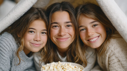 Cozy movie night with friends under blanket fort with popcorn and flashlights