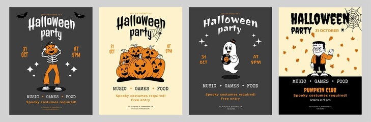 A set of retro  halloween party invitations. A cute ghost, a pumpkin with faces,a skeleton and a frankenstein. Spooky vector illustrations. 