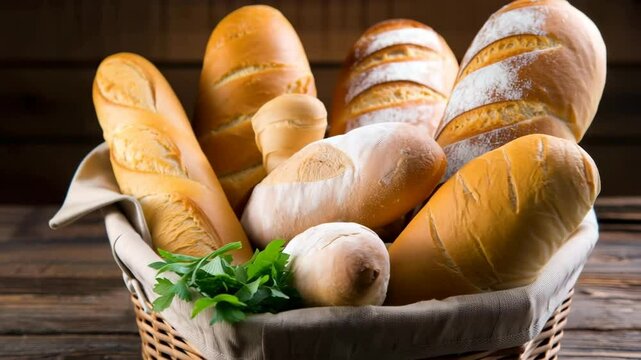 A variety of bread types are arranged in a rustic woven basket. Different shapes and textures of loaves create an inviting display. Fresh herbs add a touch of color