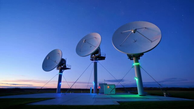 Large satellite dishes stand illuminated at dusk, capturing signals in a quiet rural area. The sky transitions to dark blue as the sun sets in the background, creating a serene atmosphere