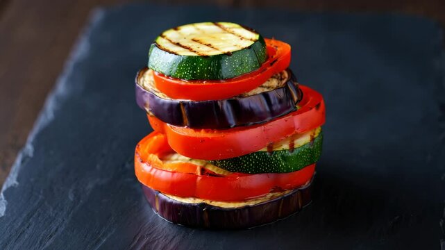 A colorful stack of grilled zucchini, red peppers, and eggplant showcases a delightful and healthy recipe. Perfect for summer grilling or a nutritious side dish to complement any meal