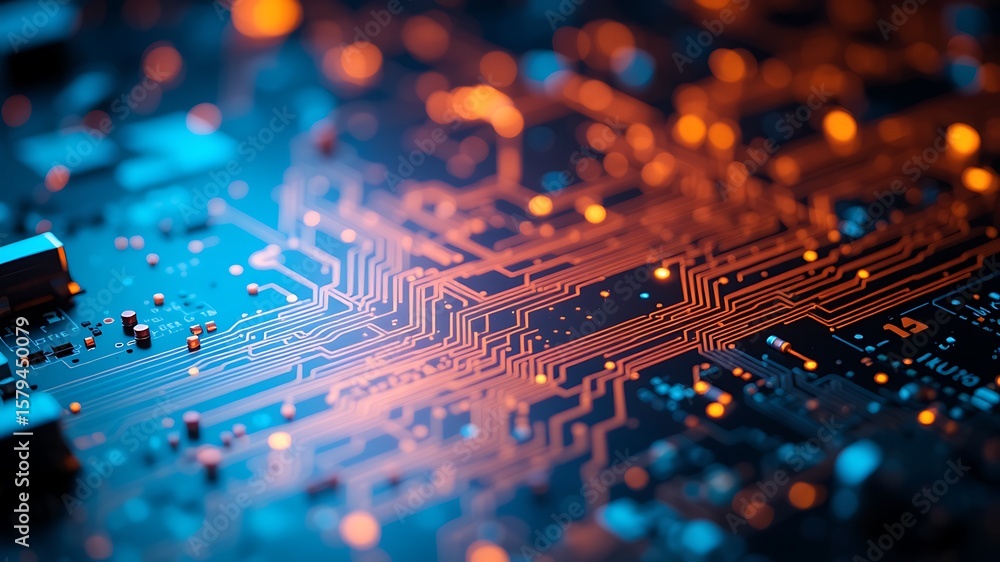 Poster intricate glowing orange circuitry on a dark blue motherboard with soft bokeh highlights creating a 