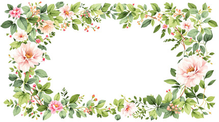 Frame with green leaves and flowers. Isolated transparent background. Spring decoration design elements cut out