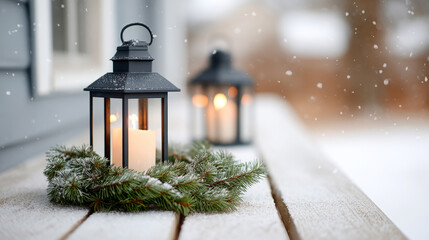 Naklejka premium Cozy winter scene with flickering lanterns and snowy porch wreath for holiday decor inspiration