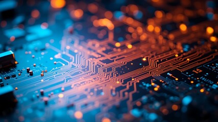 Intricate glowing orange circuitry on a dark blue motherboard with soft bokeh highlights creating a futuristic digital landscape