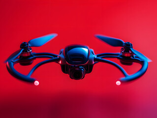 Futuristic drone with camera and propellers illuminated by red and blue lights