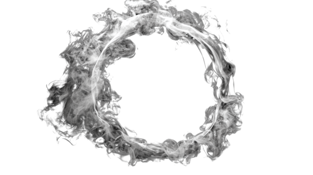 Dense swirling smoke ring isolated in high resolution, dreamy fog circle for illustration, book covers or websites on a transparent background