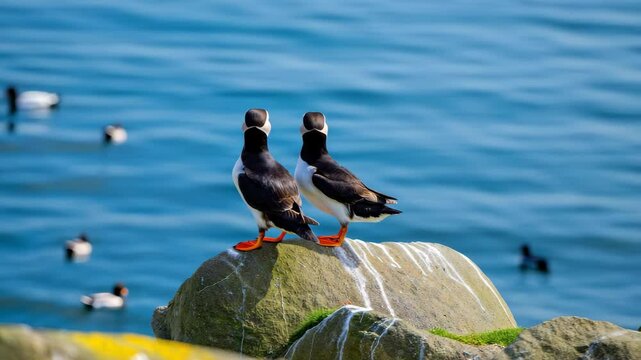Two puffins are perched on rocks by the ocean, enjoying the view while other birds swim in the water behind them. Bright feathers contrast against the blue sea