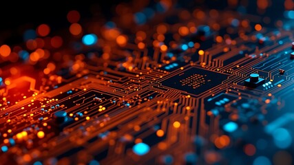 Intricate circuit board pathways glow with vibrant orange and electric blue lights creating a futuristic technological abstract background