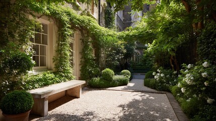 Obraz premium A serene garden view with lush greenery, elegant stone path, and inviting seating area bathed in soft sunlight.