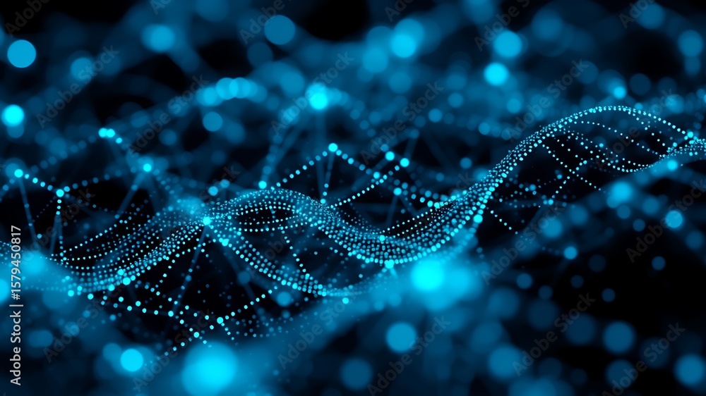 Aufkleber abstract digital network of glowing blue particles forming a wavy structure against a dark backgroun